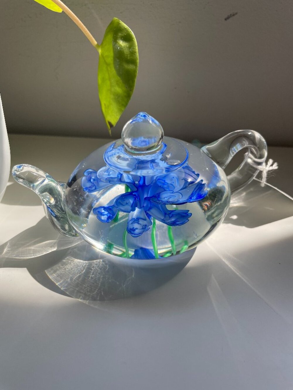 Handmade Glass Teapot Paperweight / Blue Floral Art Glass Decor